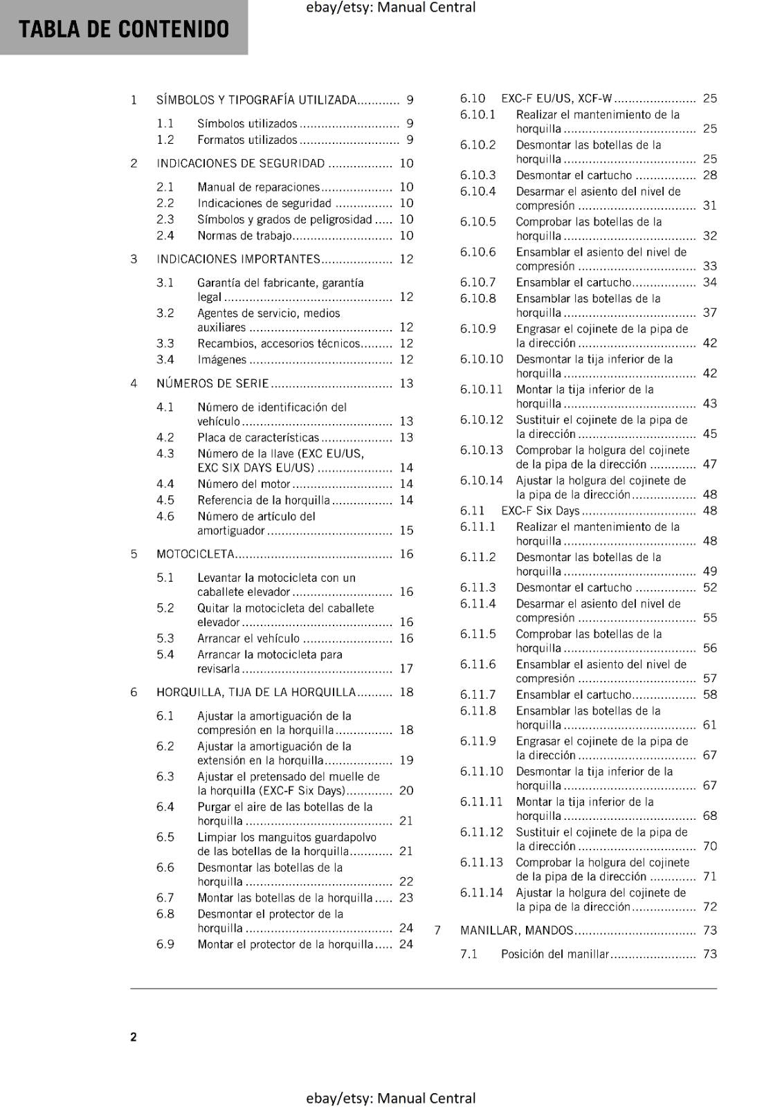 SPANISH LANGUAGE - KTM 2020 450 500 EXC-F SIX DAYS XCF-W - MANUAL DE REPARACION