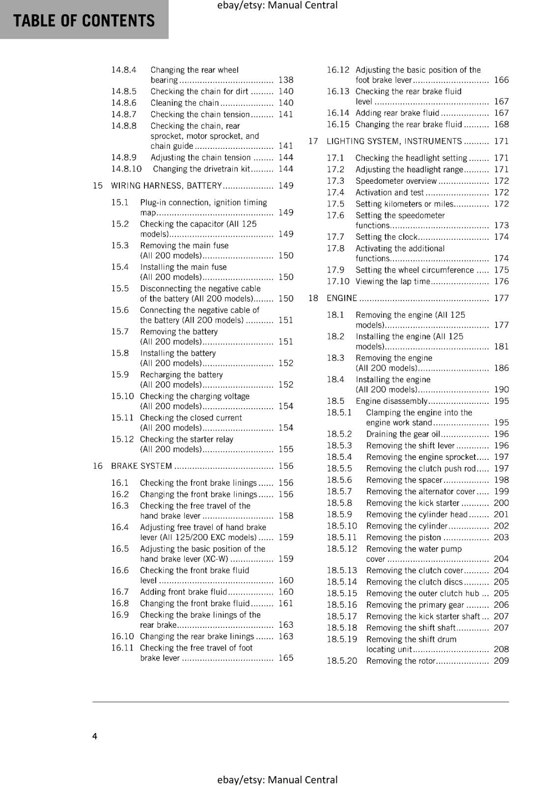KTM 2016 - 125 200 EXC XC-W -  WORKSHOP REPAIR SERVICE MANUAL REPRINTED