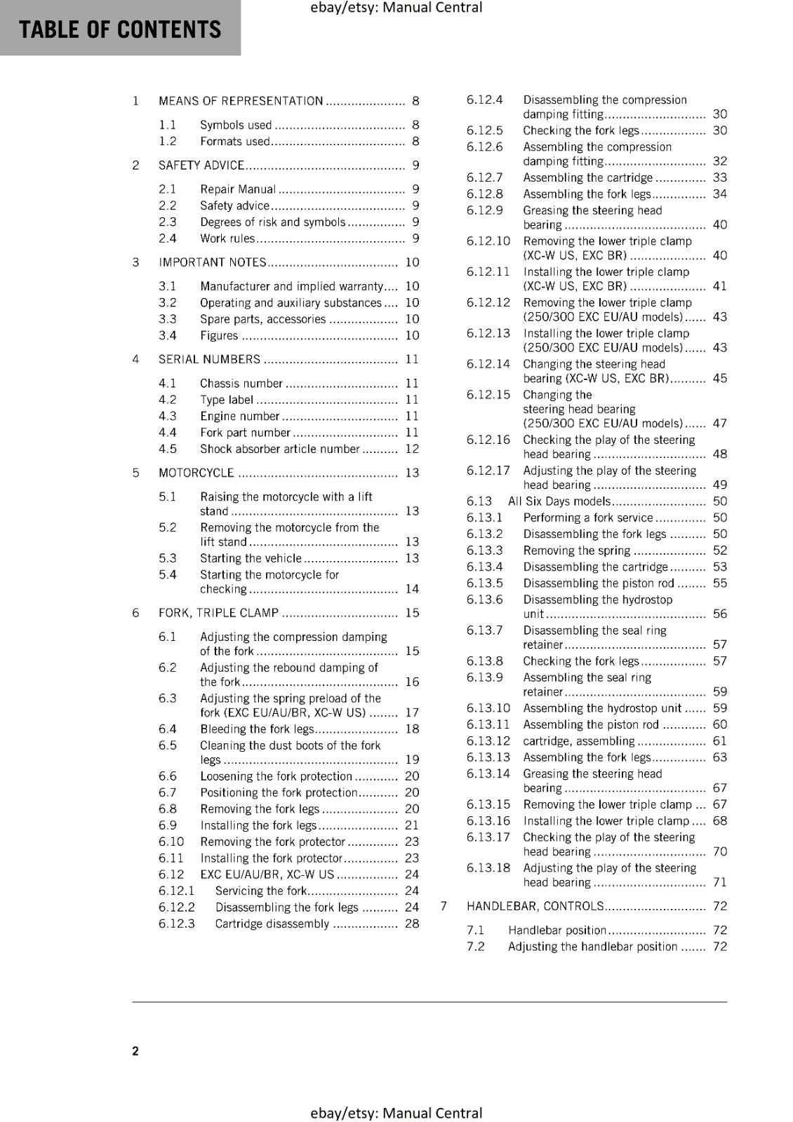KTM 2016 - 250 300 EXC XC-W -  WORKSHOP REPAIR SERVICE MANUAL REPRINTED