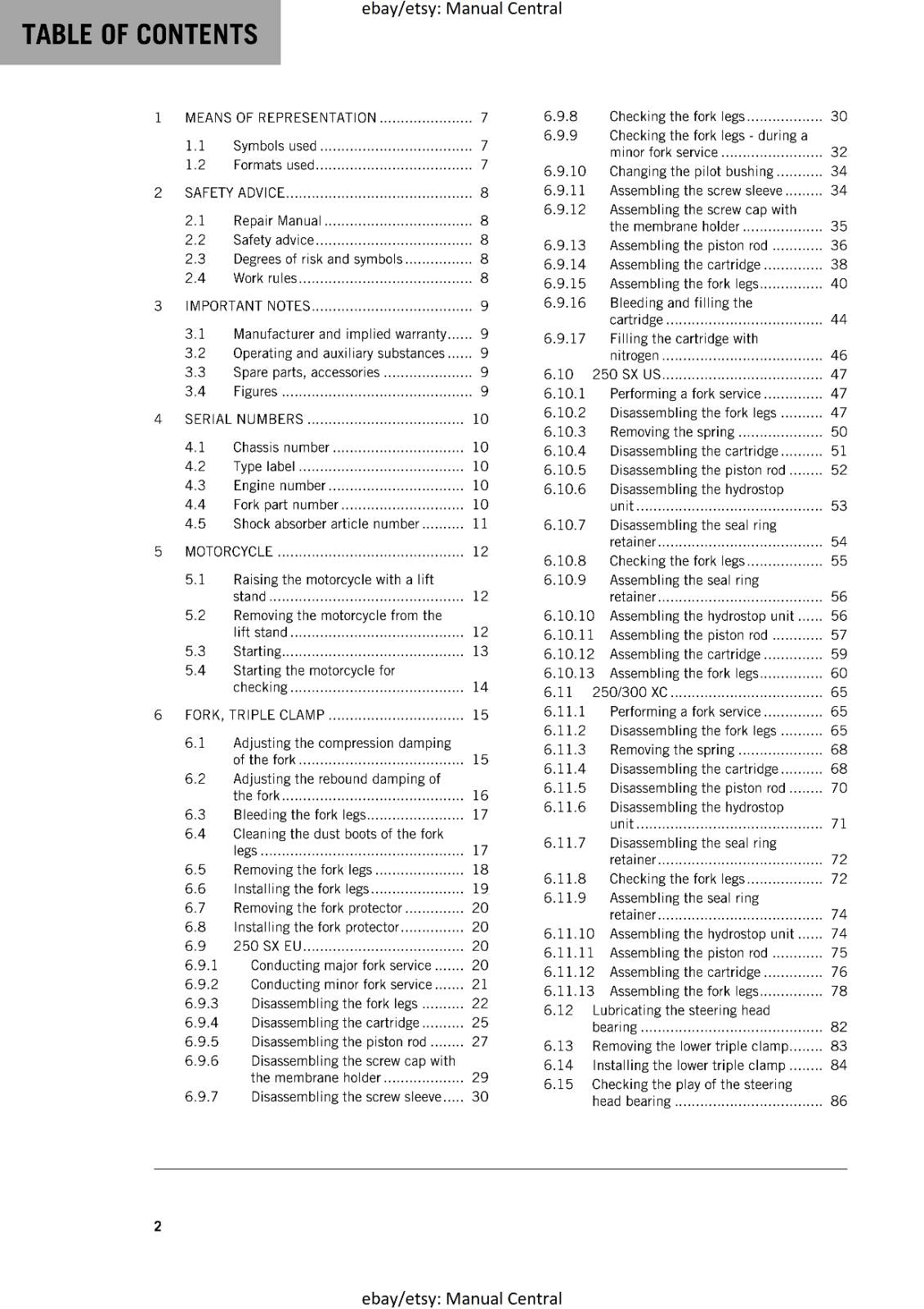 KTM 2016 - 250 300 SX XC -  WORKSHOP REPAIR SERVICE MANUAL REPRINTED