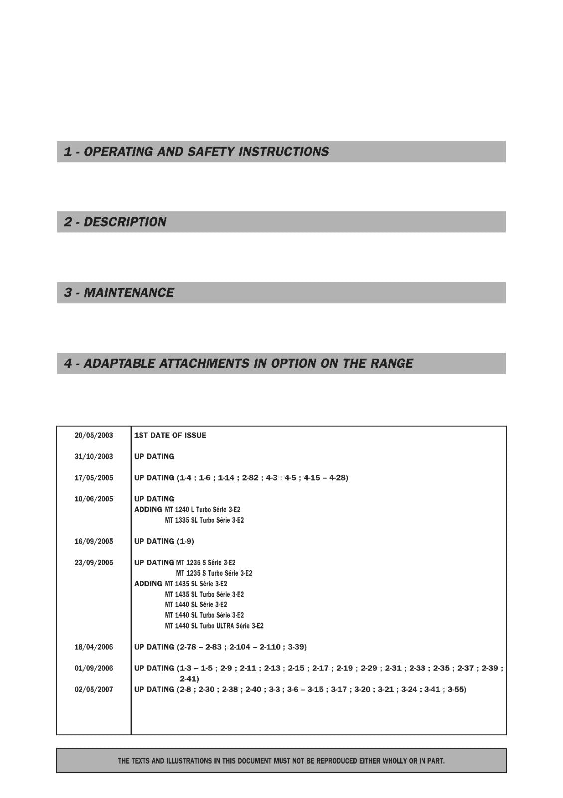 MANITOU ML 635 MT 940 1235 1240 1335 1340 1435 1440 1740- OPERATOR MANUAL