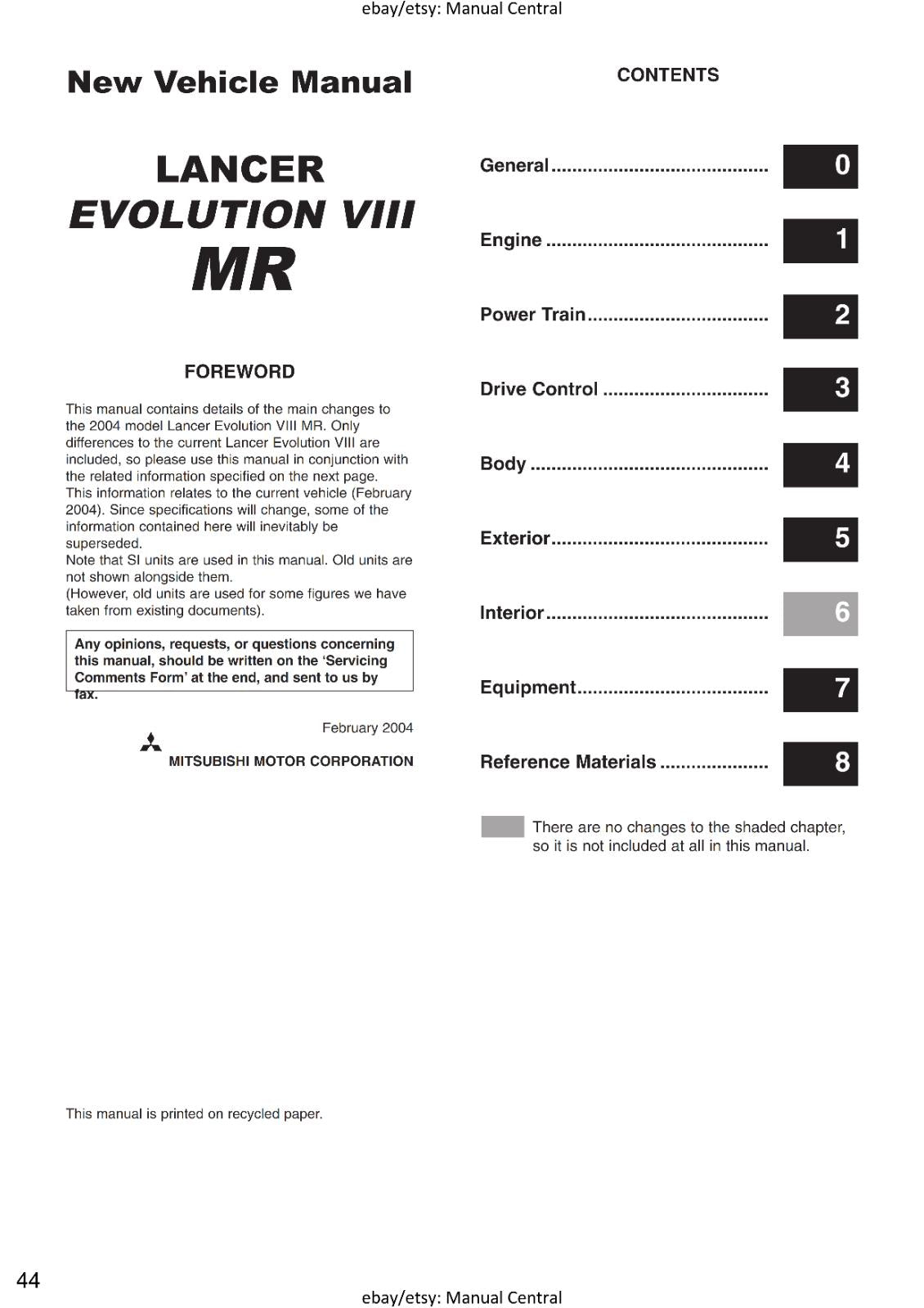 MITSUBISHI LANCER EVO VIII 8 MR - SUPPLEMENT WORKSHOP SERVICE MANUAL