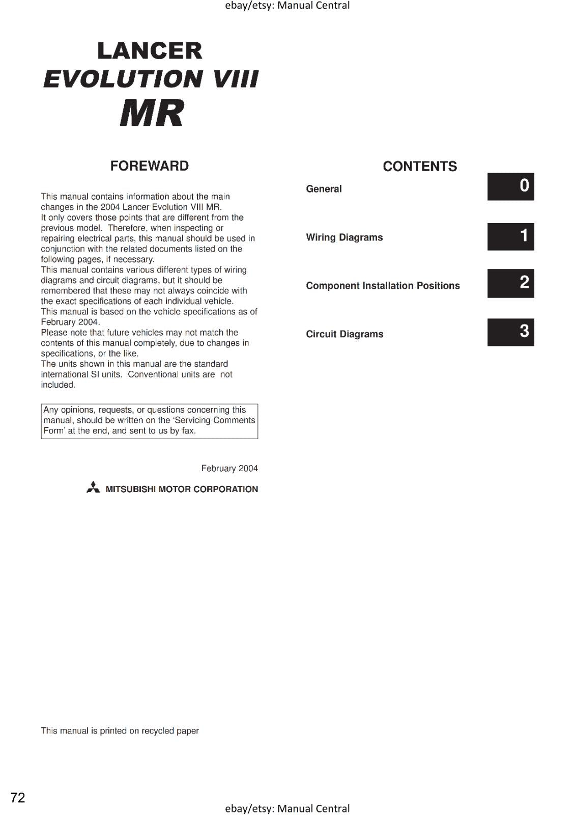 MITSUBISHI LANCER EVO VIII 8 MR - SUPPLEMENT WORKSHOP SERVICE MANUAL
