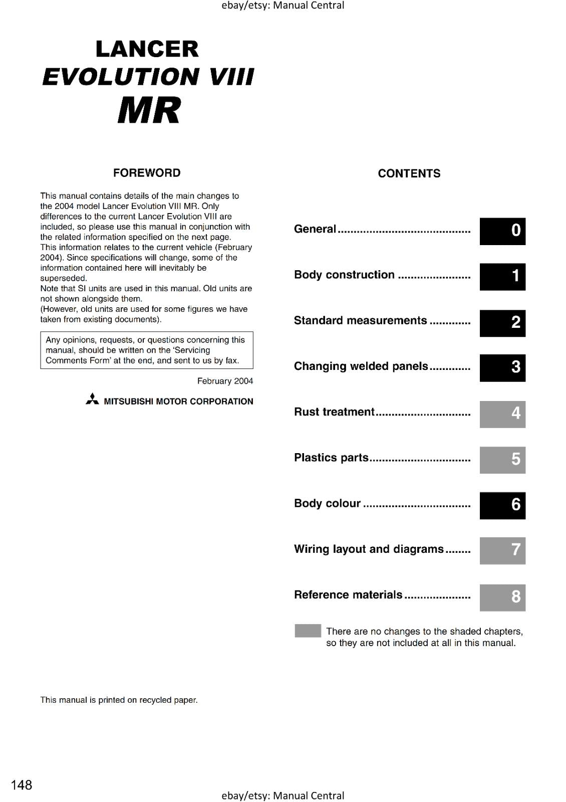 MITSUBISHI LANCER EVO VIII 8 MR - SUPPLEMENT WORKSHOP SERVICE MANUAL