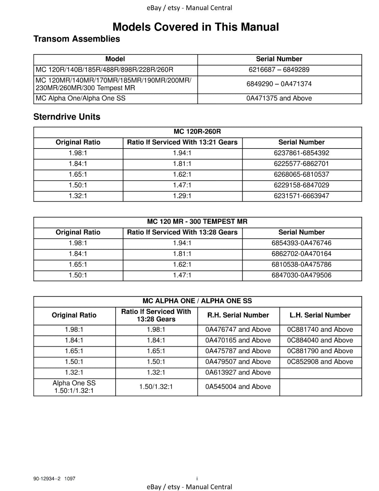 MERCURY MERCRUISER - NO 6 - STERNDRIVE UNITS R-MR ALPHA ONE SS - SERVICE MANUAL