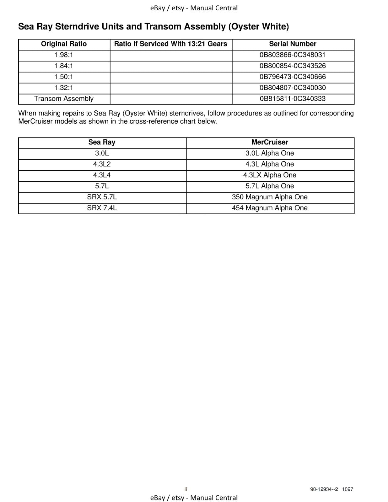 MERCURY MERCRUISER - NO 6 - STERNDRIVE UNITS R-MR ALPHA ONE SS - SERVICE MANUAL