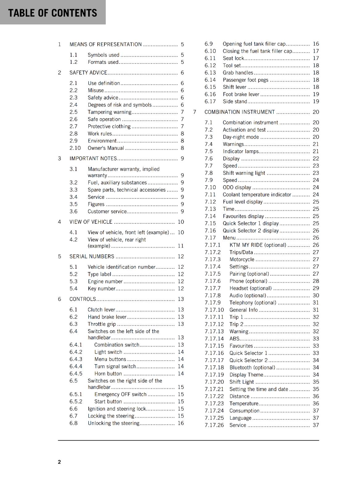 KTM 2022 - 125 DUKE - OWNERS MANUAL USER GUIDE