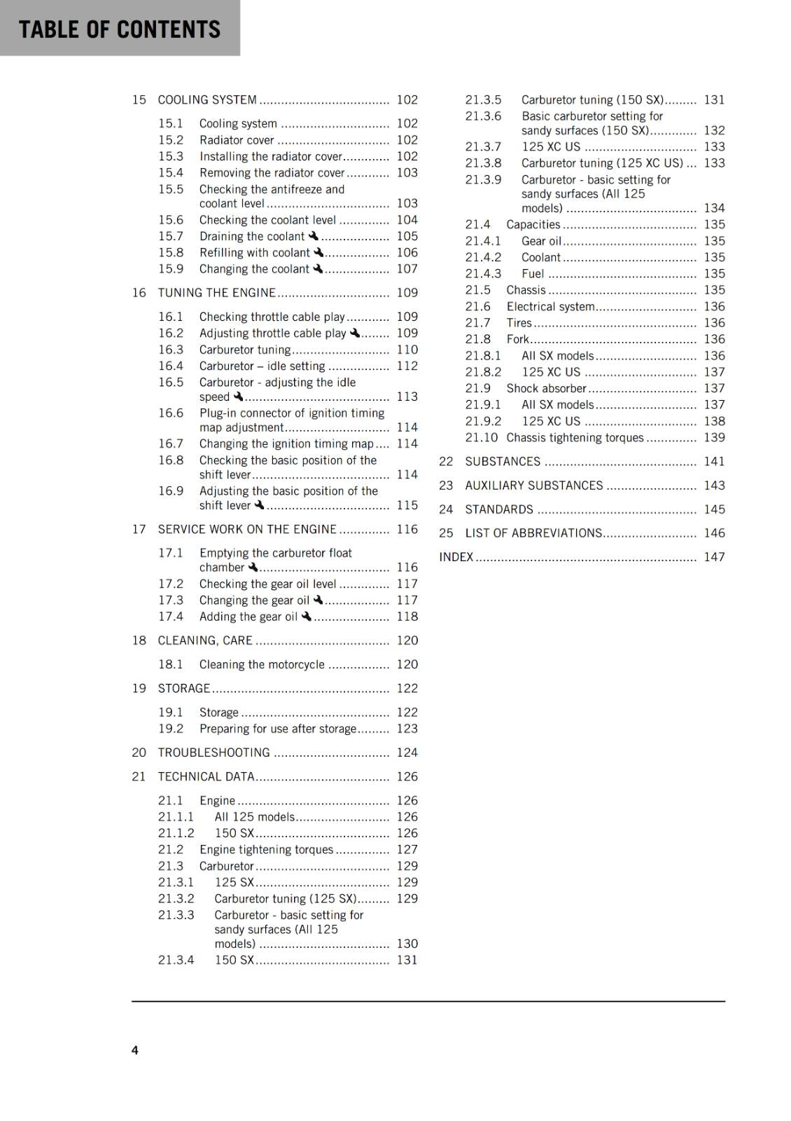 KTM 2021 - 125 150 SX XC - OWNERS MANUAL USER GUIDE