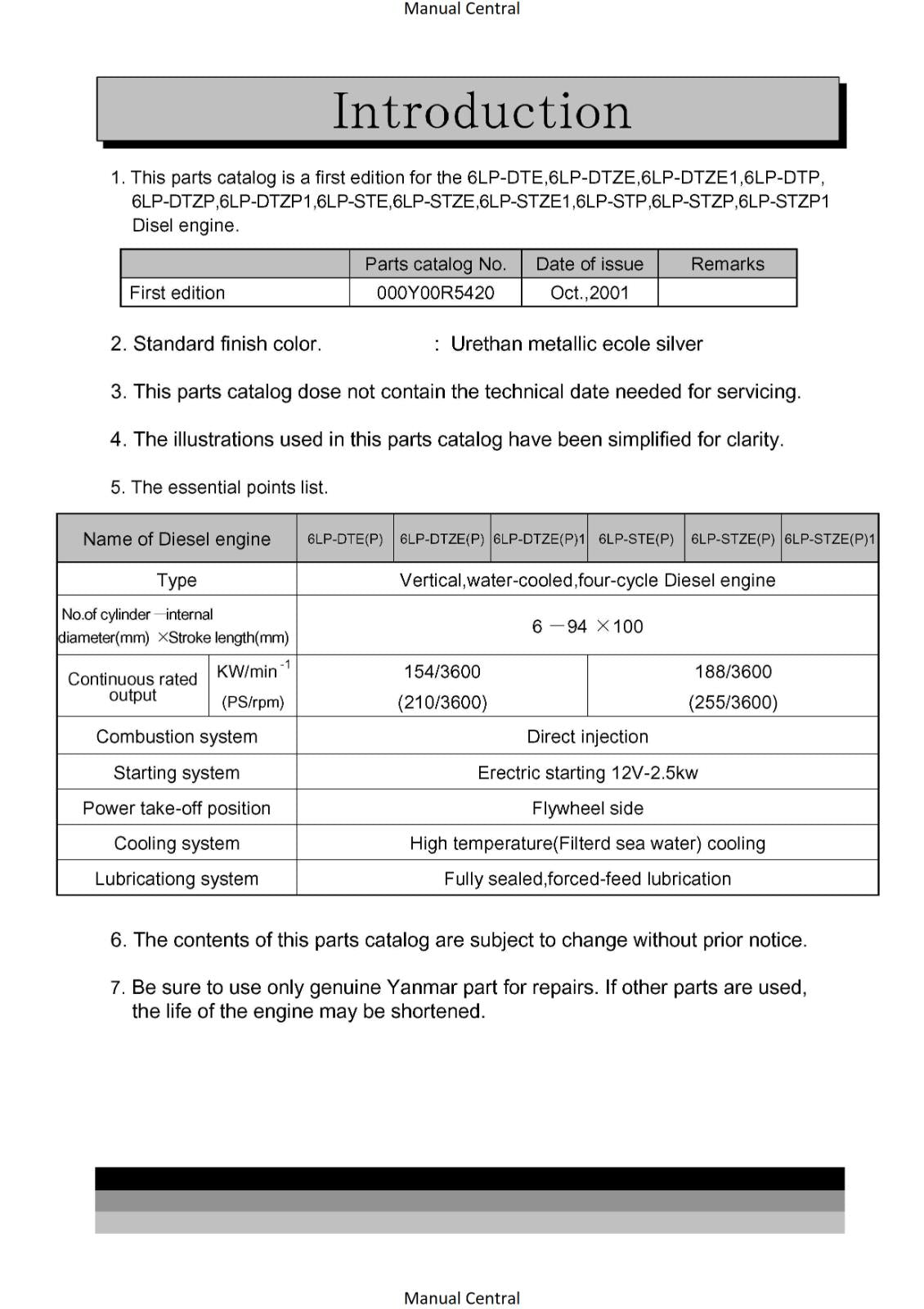 YANMAR PARTS MANUAL - 6LP DTE DTZE DTZE1 DTP DTZP DTZP1 STE STZE STZE1 STP