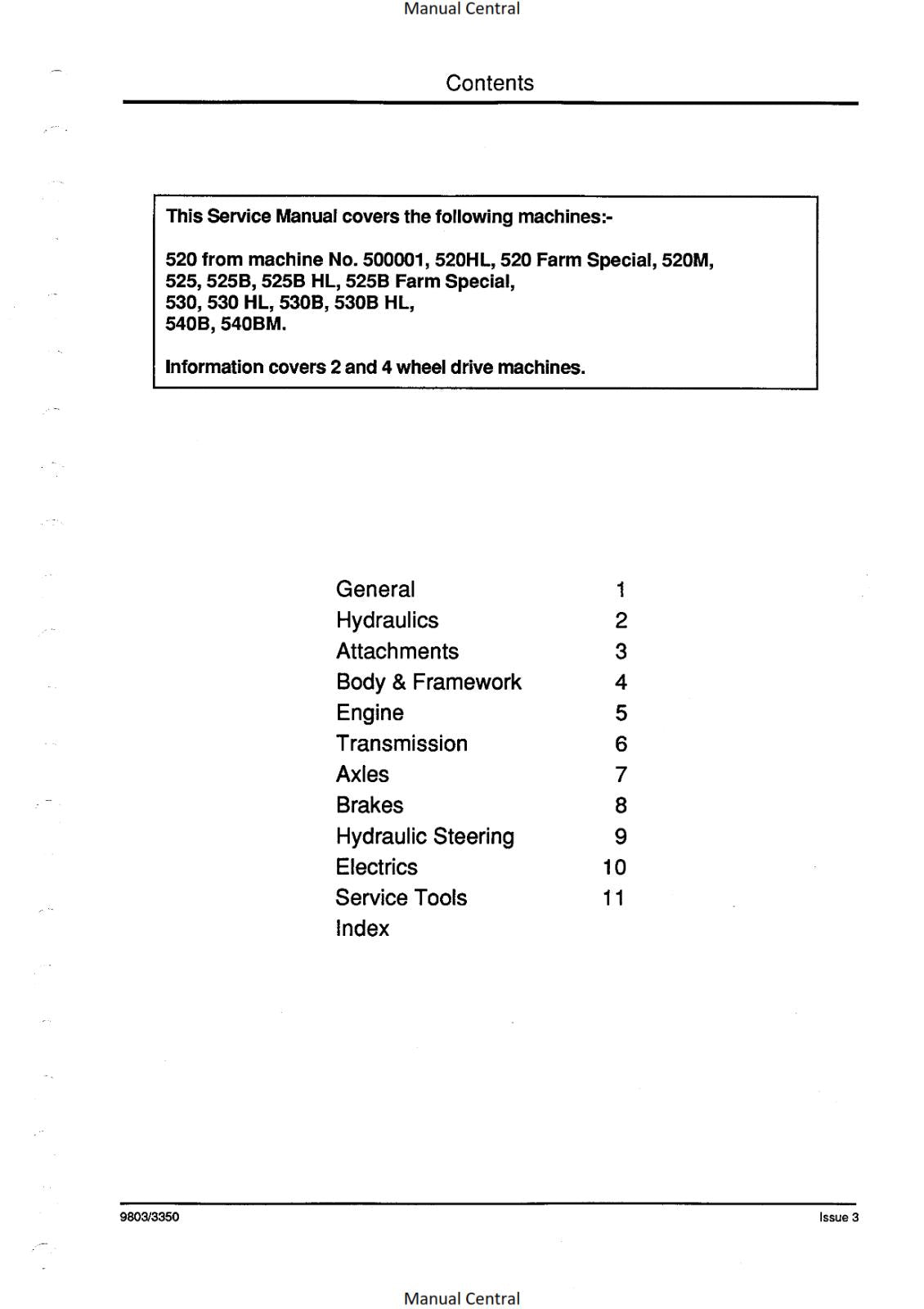 JCB LOADALL 520 525 530 540 SERVICE MANUAL FROM S/NO 500001 REPRINTED