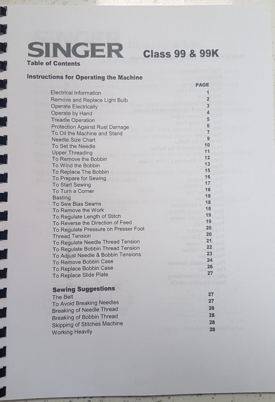 100 GSM - SINGER CLASS 99 & 99K INSTRUCTION MANUAL REPRINTED COMB BOUND