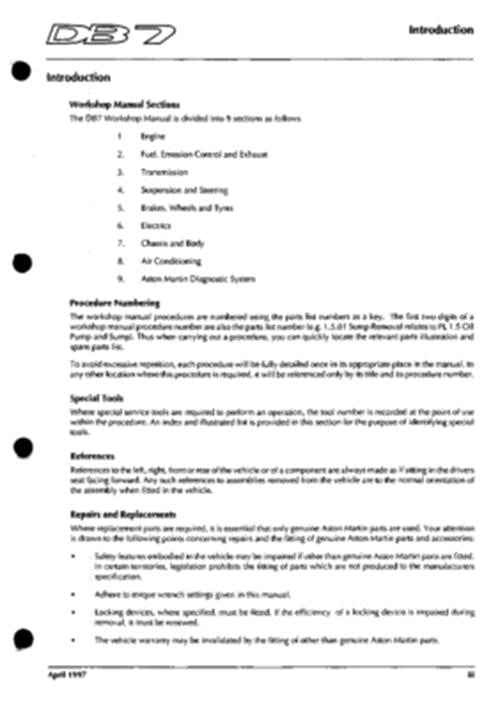 ASTON MARTIN DB7 94-97 (PRE AIRBAG) - WORKSHOP & PARTS MANUAL