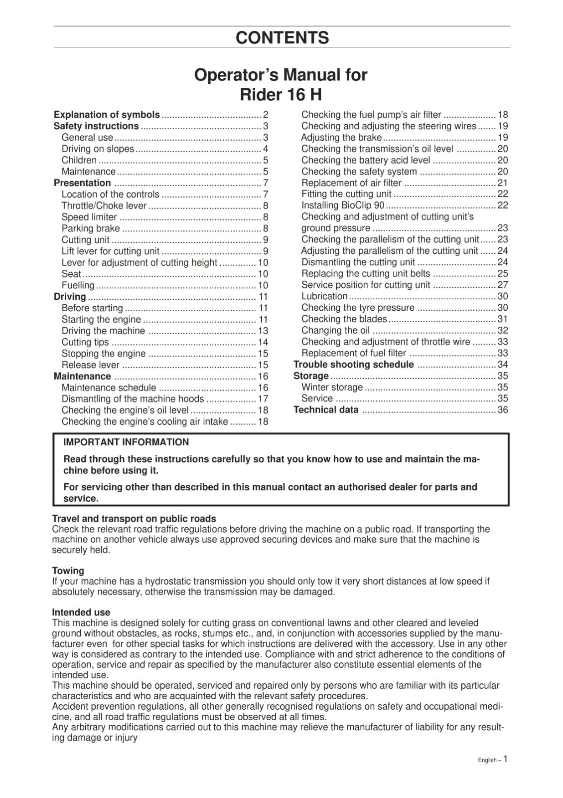 HUSQVARNA RIDE ON MOWER - RIDER 16 H - OPERATOR MANUAL REPRINTED