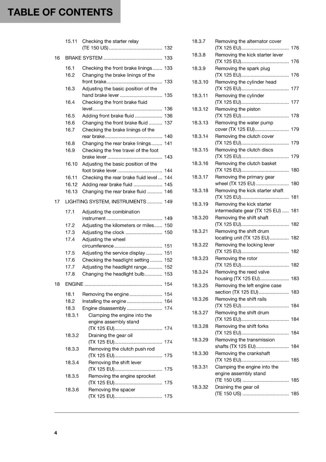 HUSQVARNA 2018 - TX 125 TE 150 - REPAIR WORKSHOP SERVICE MANUAL