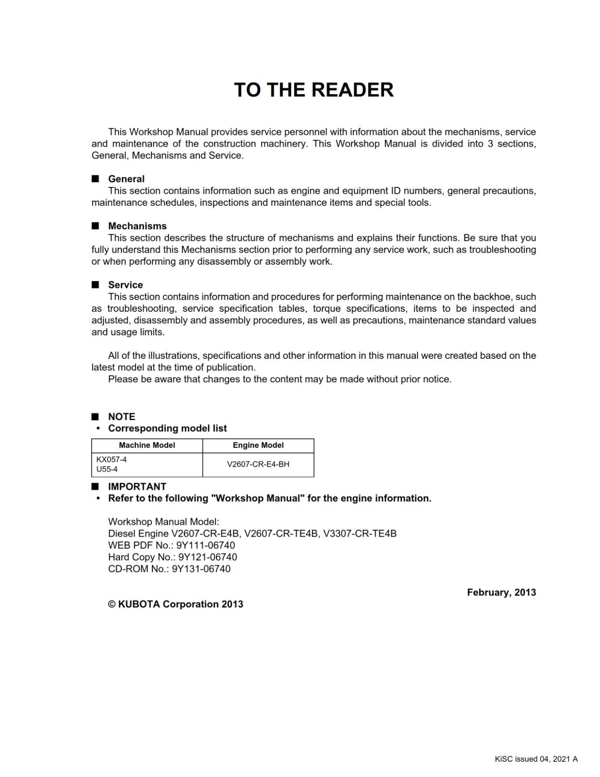 KUBOTA EXCAVATOR KX057-4 U55-4 - MINOR CHANGE EDIITON 2021  WORKSHOP MANUAL