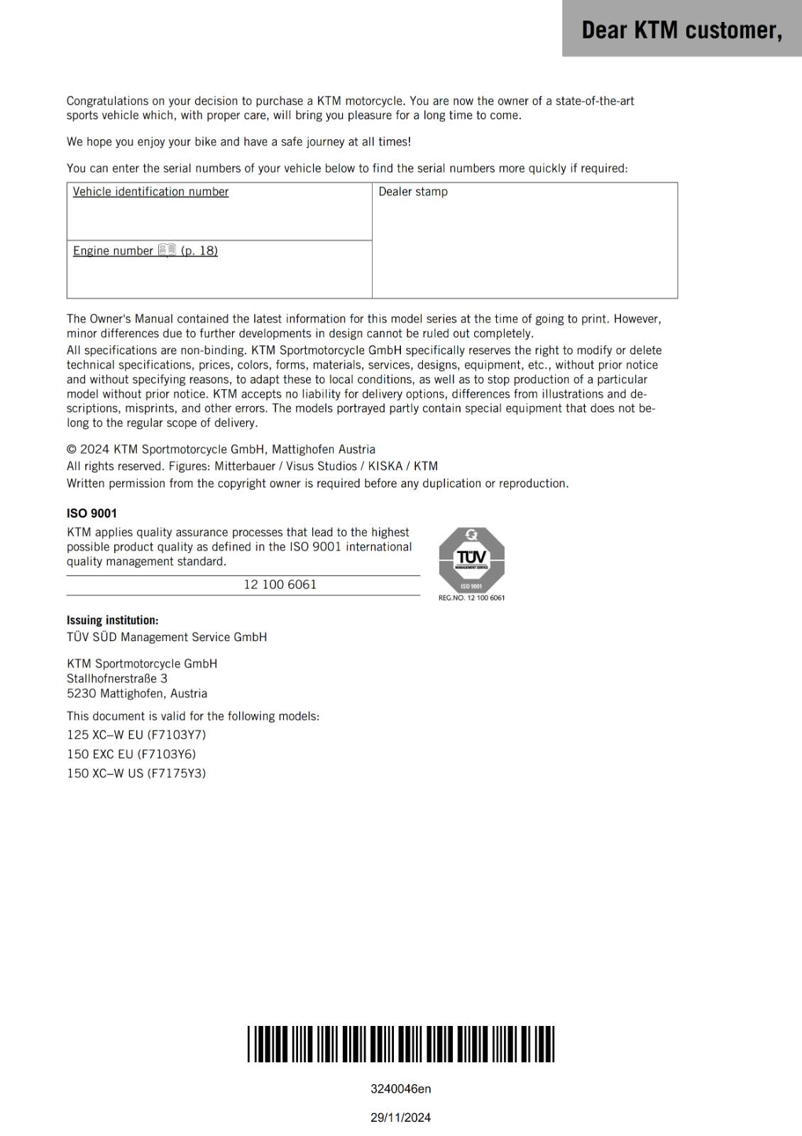 KTM 2025 - 125 150 XC-W EXC - OWNERS MANUAL USER GUIDE