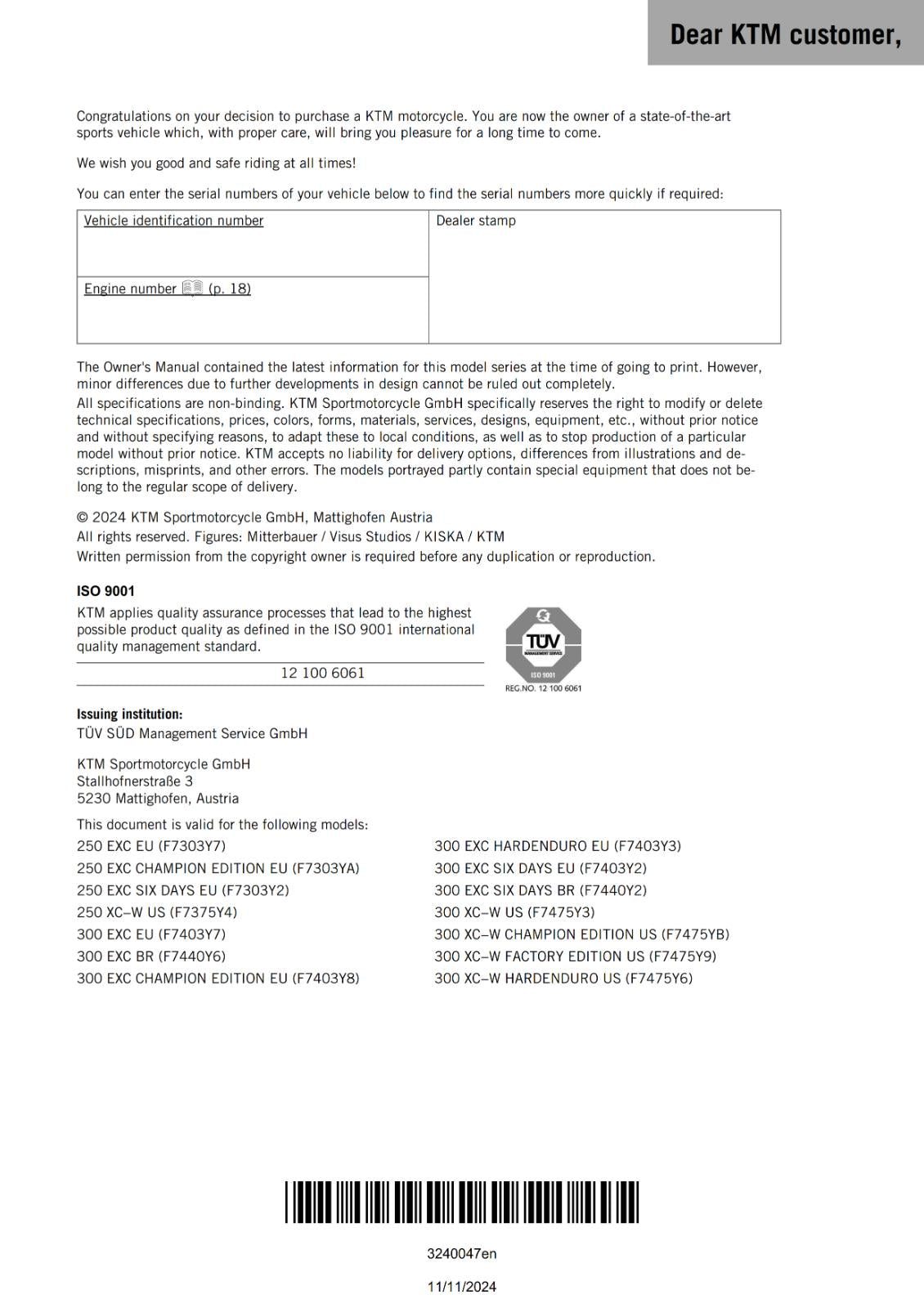 KTM 2025 - 300 EXC XC-W HARDENDURO CHAMPION FACTORY - OWNERS MANUAL USER GUIDE