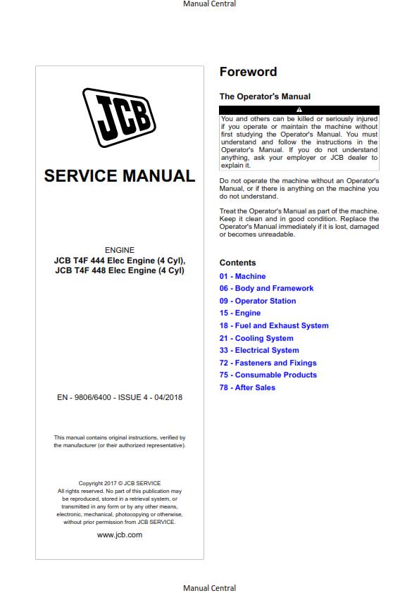 JCB - T4F 444 448 ELEC ENGINE - SERVICE WORKSHOP REPAIR MANUAL
