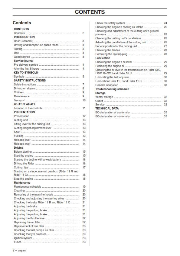 HUSQVARNA RIDE ON MOWER - RIDER 11 13 16 - OPERATOR MANUAL REPRINTED