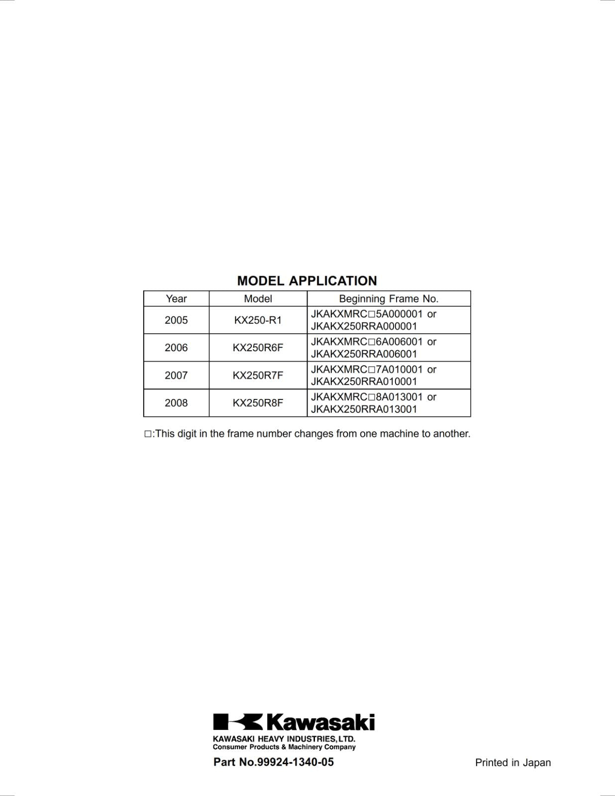 KAWASAKI MOTORCYCLE - KX250 2005 2006 2007 2008 - WORKSHOP SERVICE MANUAL