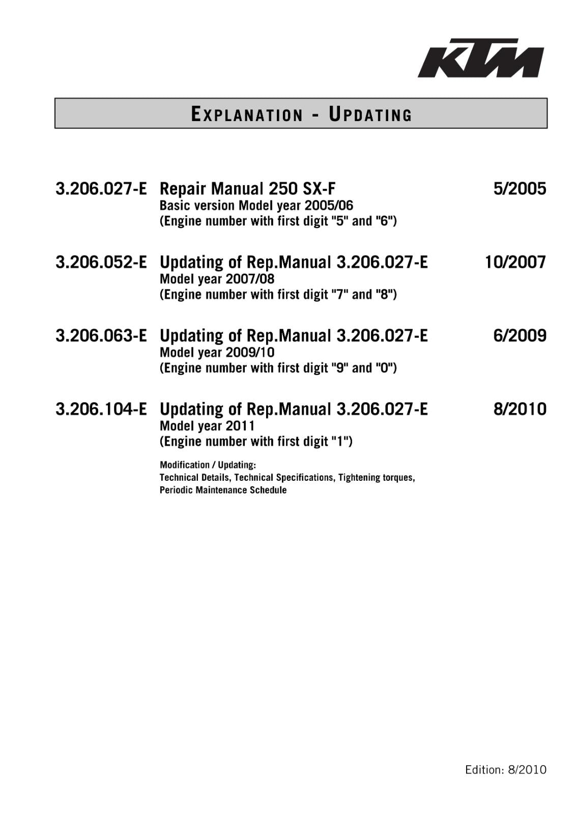 KTM 2005 TO 2011 -250 SX-F EXC-F SIX DAYS XCF-W XC-F SXS-F - WORKSHOP SERVICE
