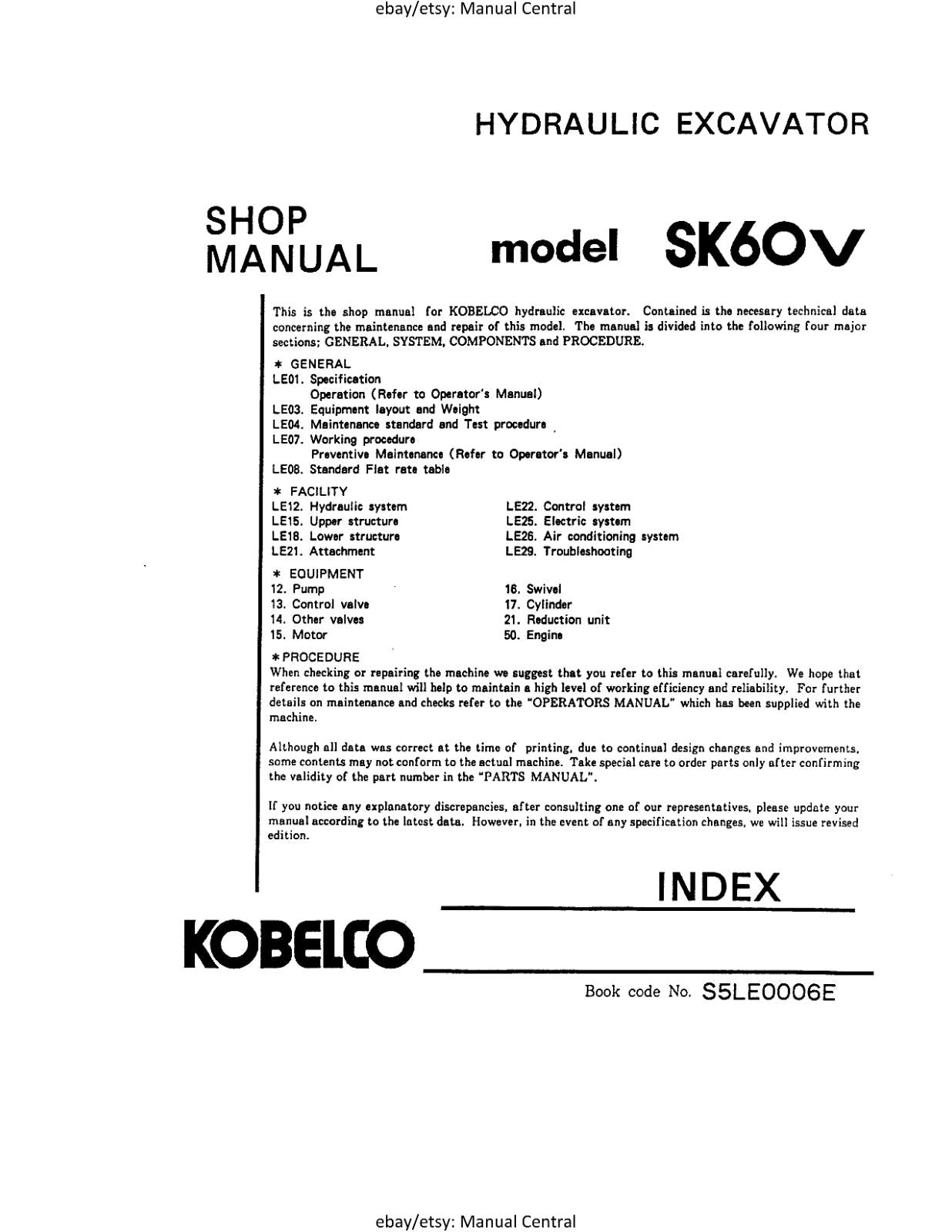 KOBELCO HYDRAULIC EXCAVATOR SK60V SHOP REPAIR WORKSHOP MANUAL