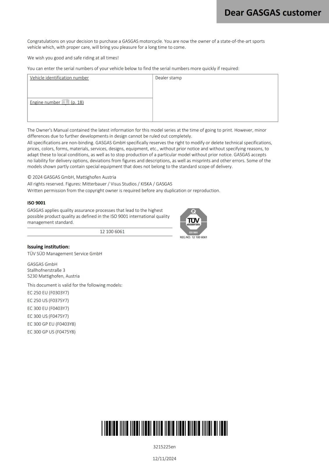 GASGAS 2025 OWNERS MANUAL - EC 250 300