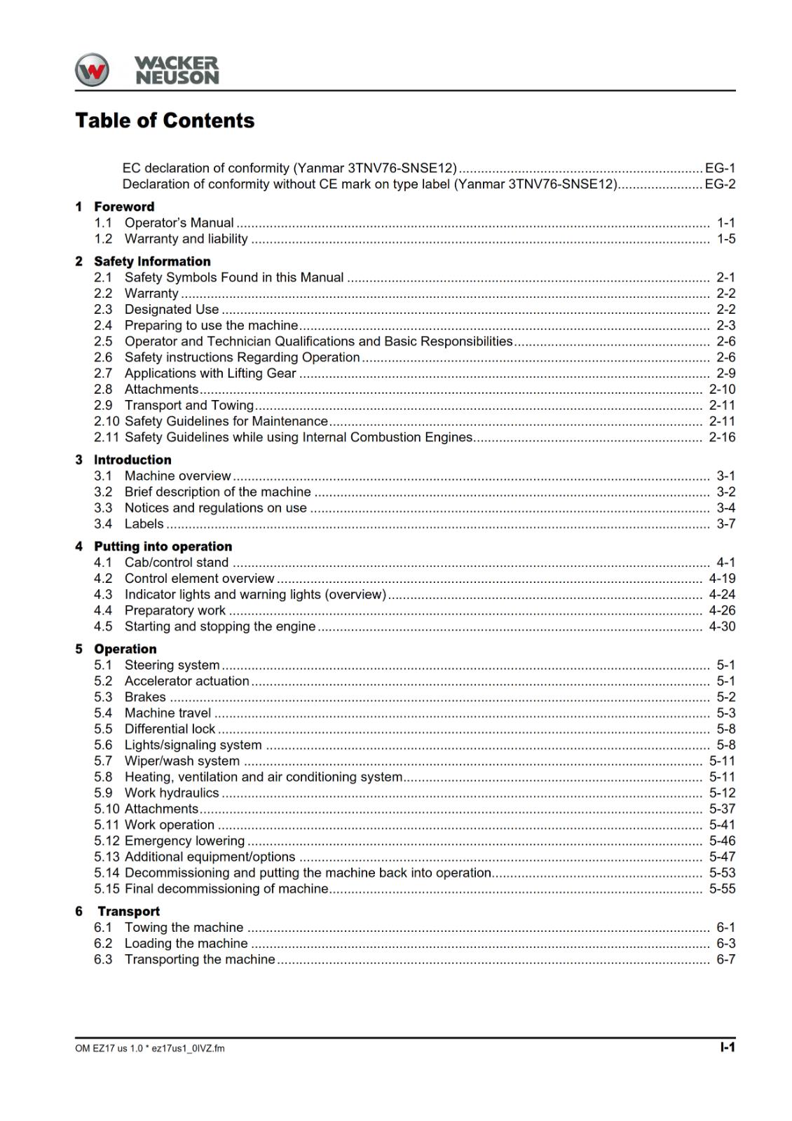 WACKER  NEUSON - EZ17 TRACK EXCAVATOR OPERATOR MANUAL