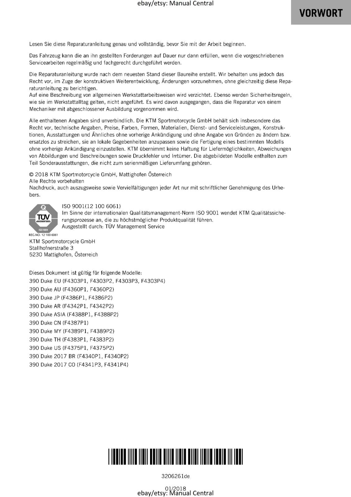 GERMAN LANGUAGE - KTM 2016 - 390 DUKE - REPARTURANLEITUNG