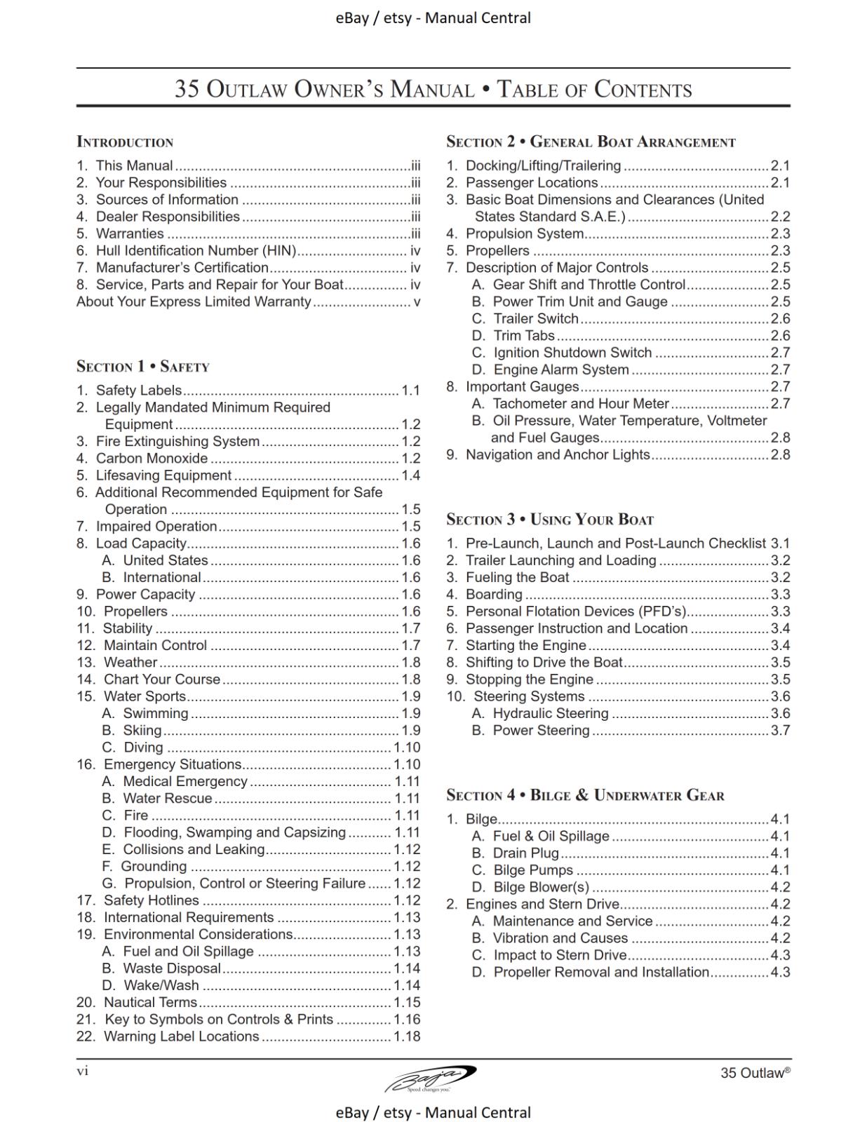 BAJA MARINE 35 OUTLAW BOAT OWNERS MANUAL REPRINTED COMB BOUND