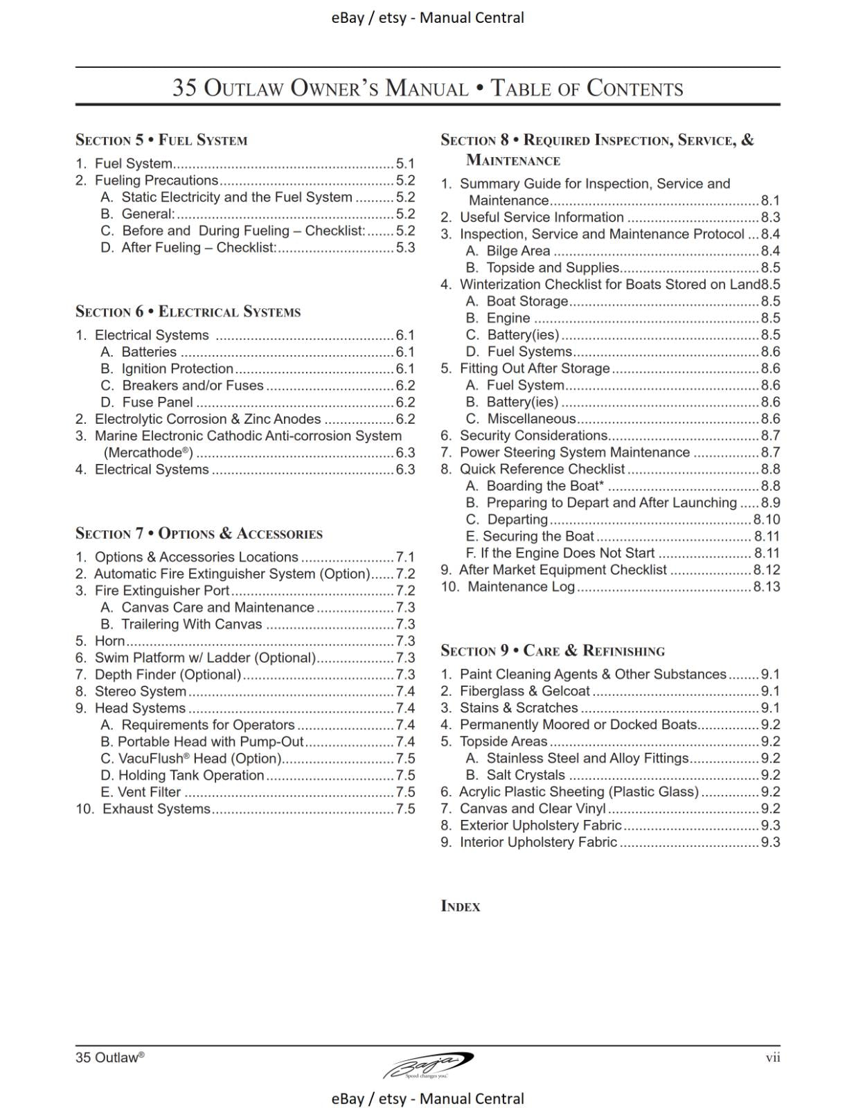 BAJA MARINE 35 OUTLAW BOAT OWNERS MANUAL REPRINTED COMB BOUND