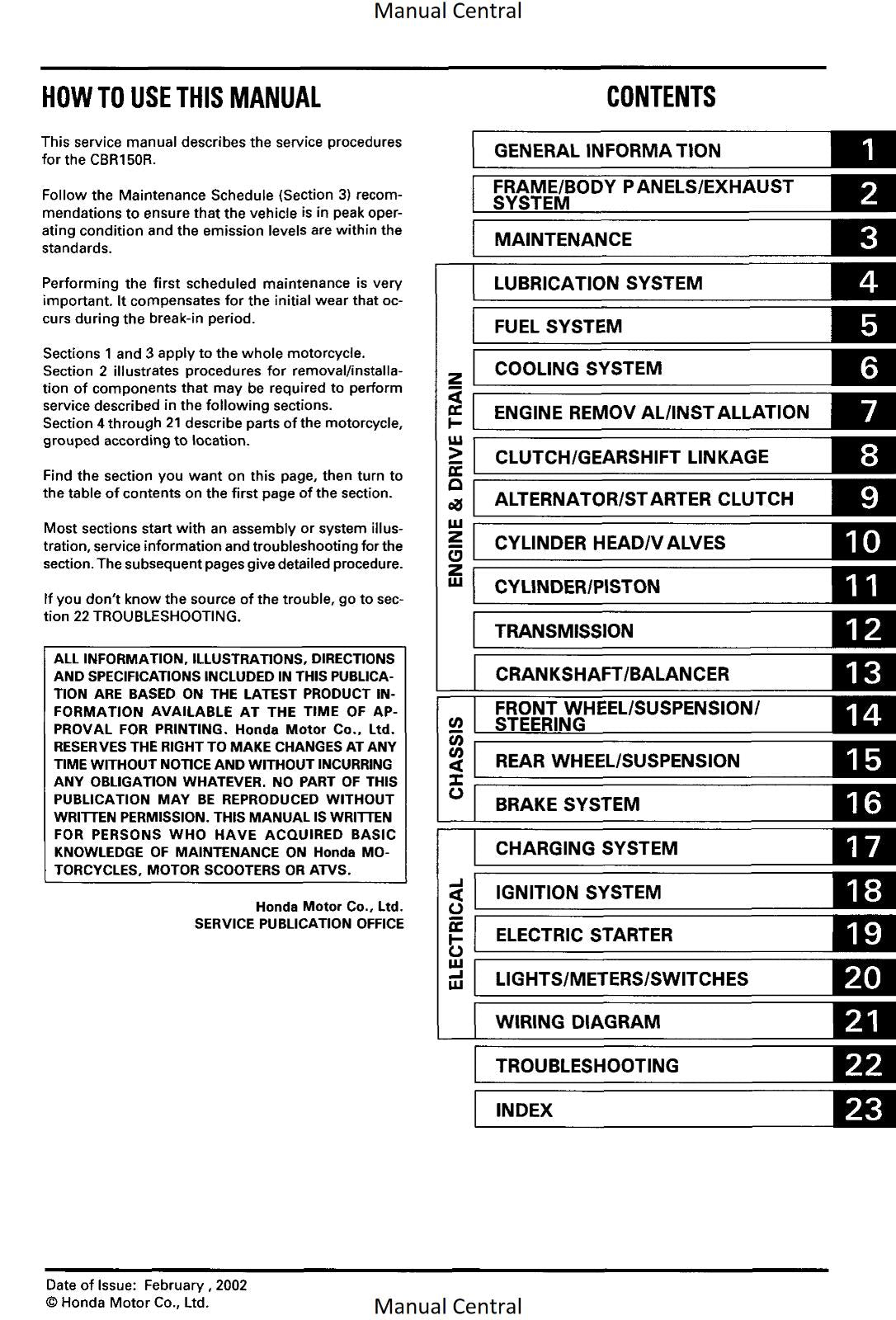 HONDA CBR150R - SERVICE WORKSHOP REPAIR MANUAL 2002 EDITION