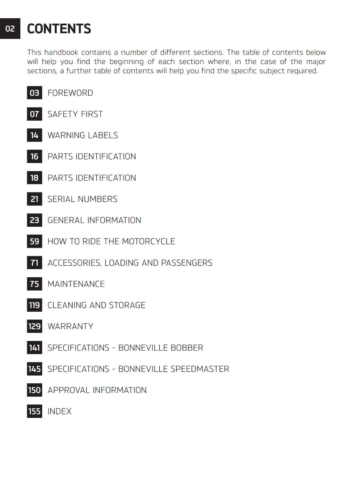 TRIUMPH OWNERS HANDBOOK MANUAL - 2021 TO 2025 - BONNEVILLE BOBBER / SPEEDMASTER