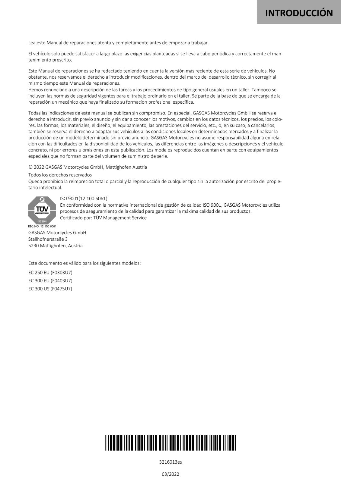 SPANISH LANGUAGE GASGAS 2021 - EC 250 300 - MANUAL DE REPARACION