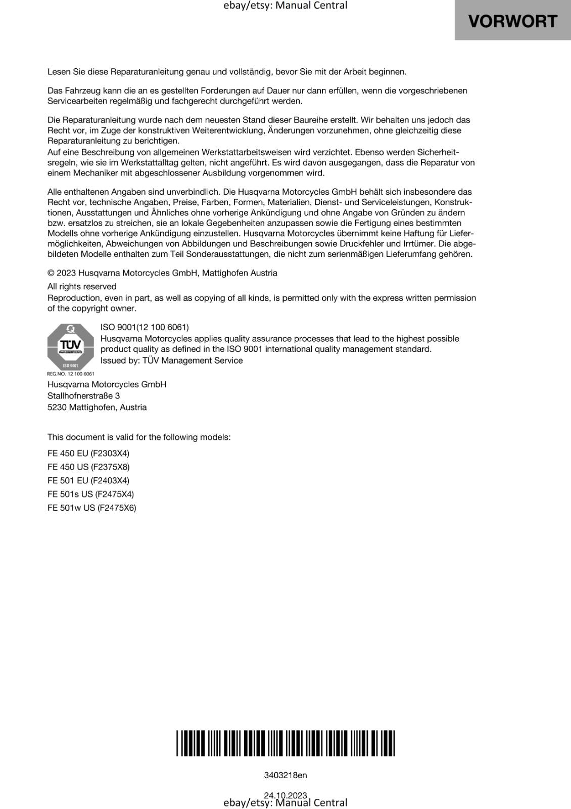 HUSQVARNA 2024 - FE 450 501 501s 501w - REPAIR WORKSHOP SERVICE MANUAL