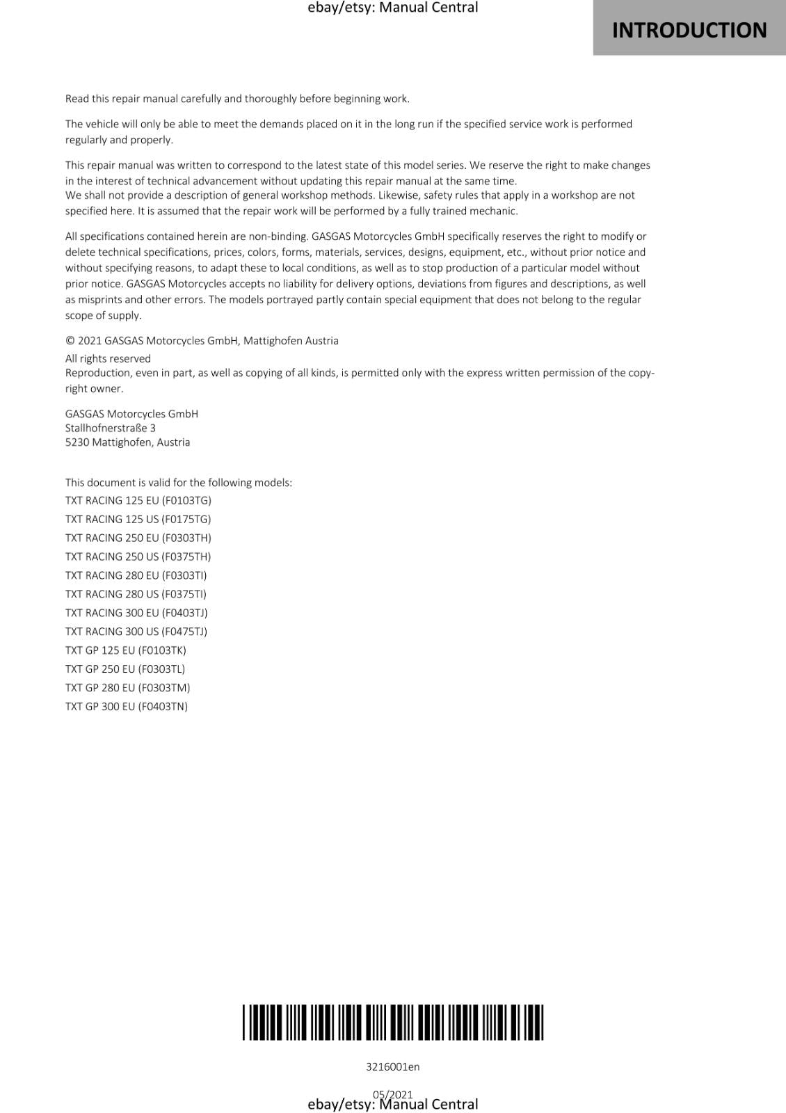 2020 - GASGAS TXT GP 125 - SERVICE WORKSHOP REPAIR MANUAL