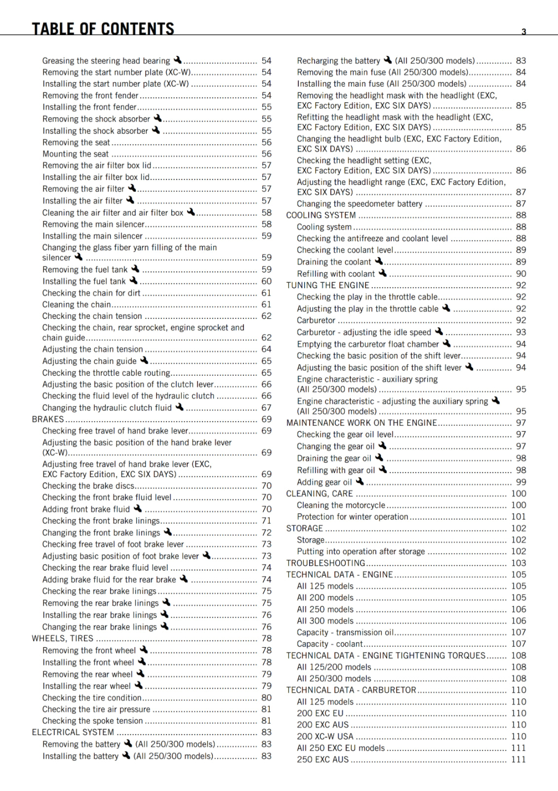 KTM 2011 - 125 200 250 300 EXC FACTORY EDITION XC-W  - OWNERS MANUAL USER GUIDE