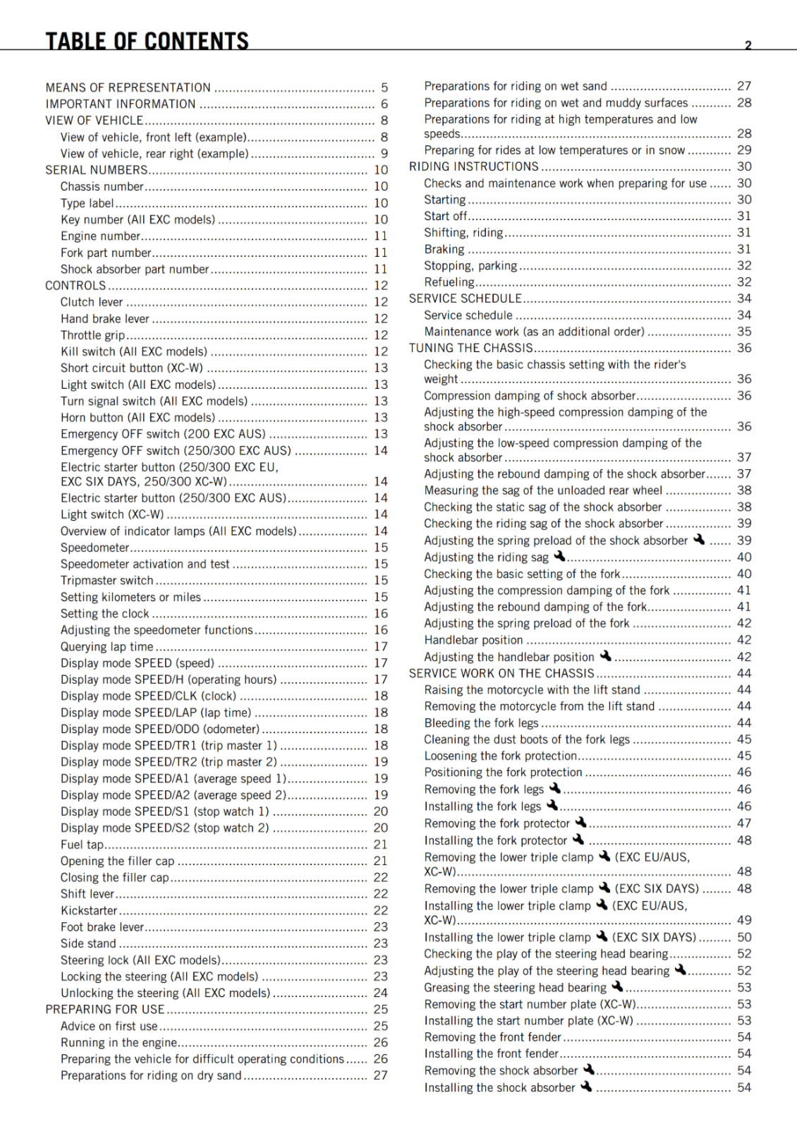 KTM 2012 - 125 200 250 300 EXC SIX DAYS XC-W - OWNERS MANUAL USER GUIDE