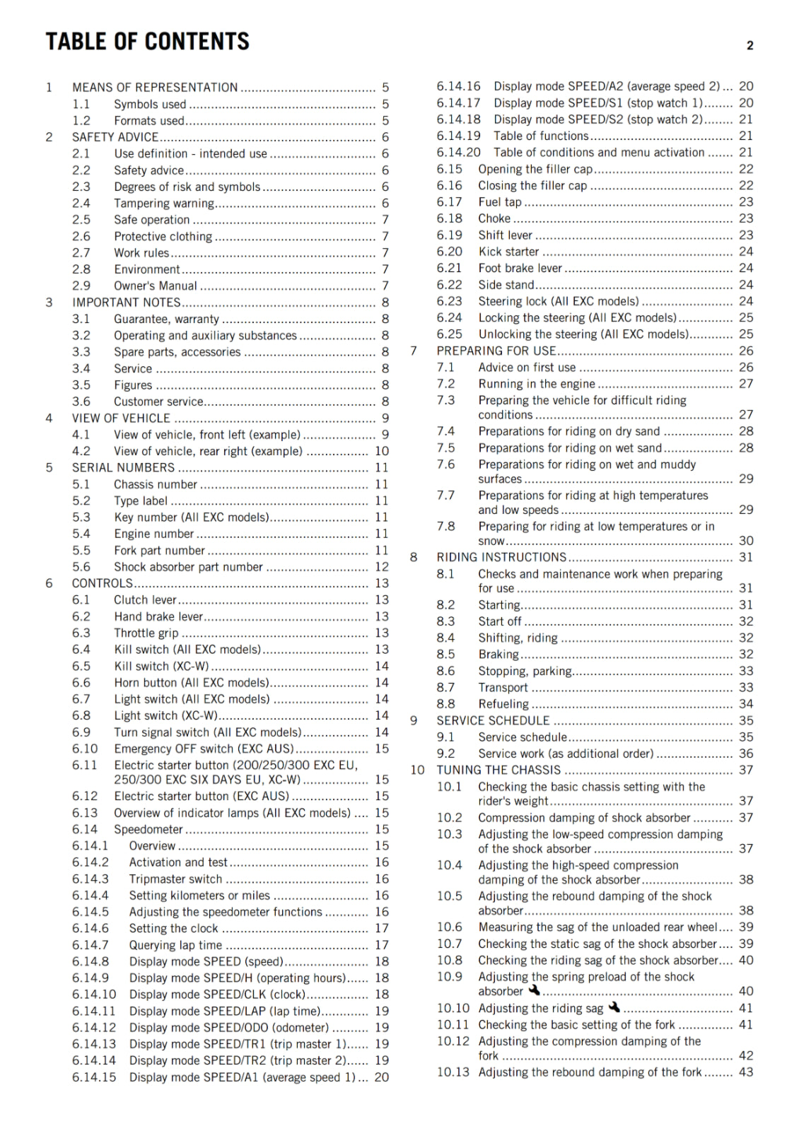 KTM 2013 - 125 200 250 300 EXC SIX DAYS XC-W - OWNERS MANUAL USER GUIDE