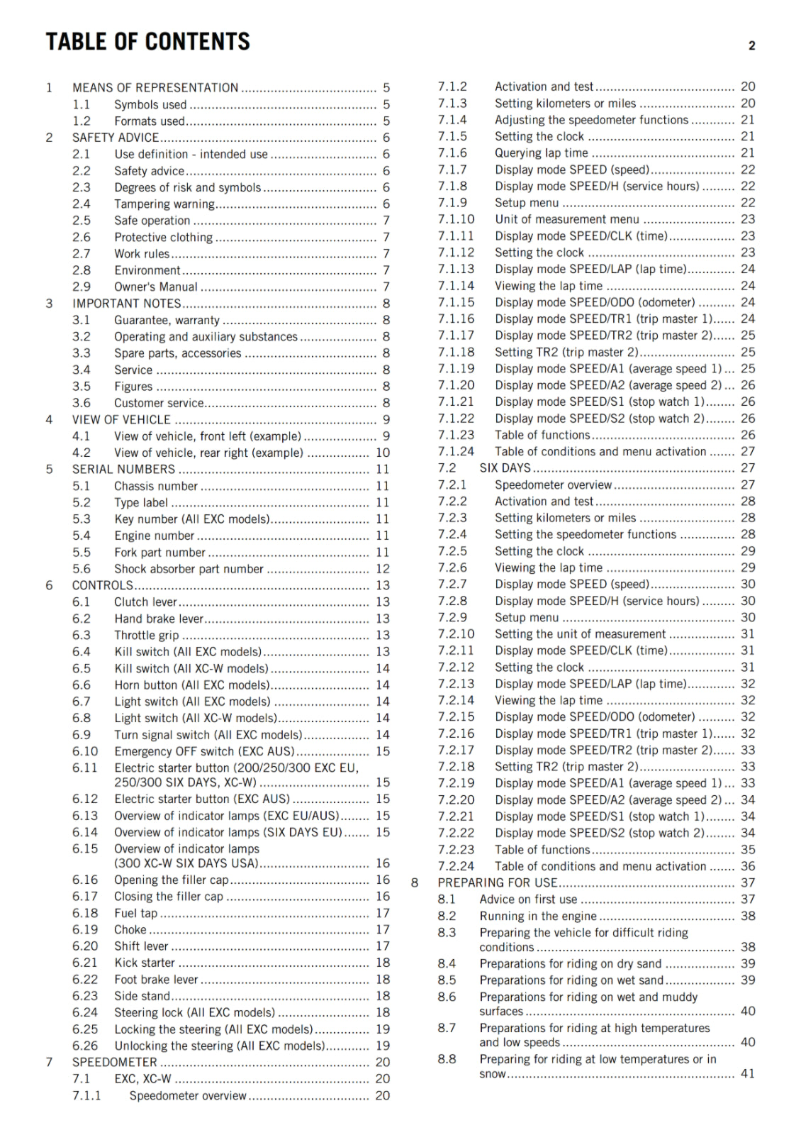 KTM 2014 - 125 200 250 300 EXC SIX DAYS XC-W - OWNERS MANUAL USER GUIDE