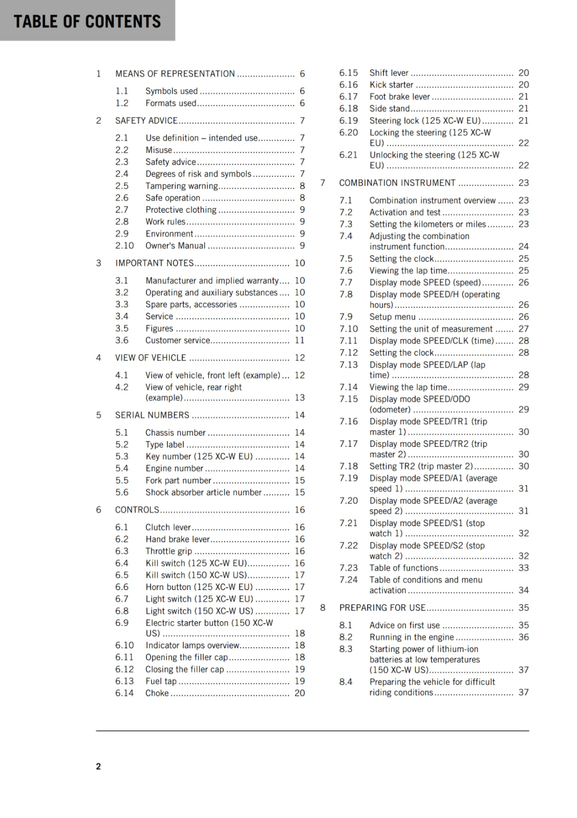 KTM 2018 - 125 150 XC-W - OWNERS MANUAL USER GUIDE