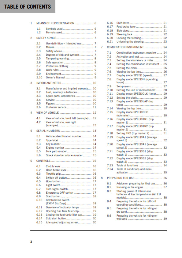 Official KTM 2020 250 EXC-F & EXC-F Six Days Owners Manual (Digital & Physical Copy)