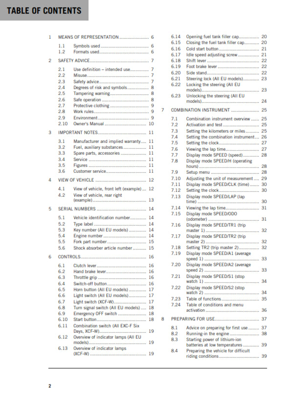 KTM 2020 - 400 500 EXC-F XCF-W SIX DAYS - OWNERS MANUAL USER GUIDE