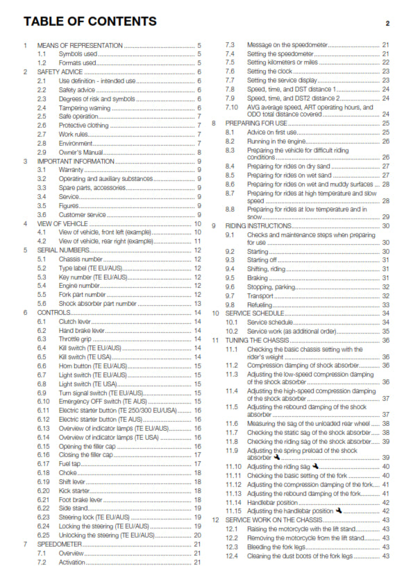 Official Husqvarna 2014 TE 125, 250 & 300 EU, AUS & USA Owners Manual (Digital & Physical Copy)