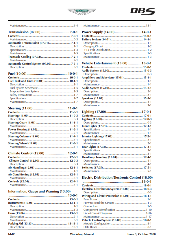 ASTON MARTIN DBS - 2008  WORKSHOP SERVICE REPAIR MANUAL - FULL COLOUR ISSUE 3