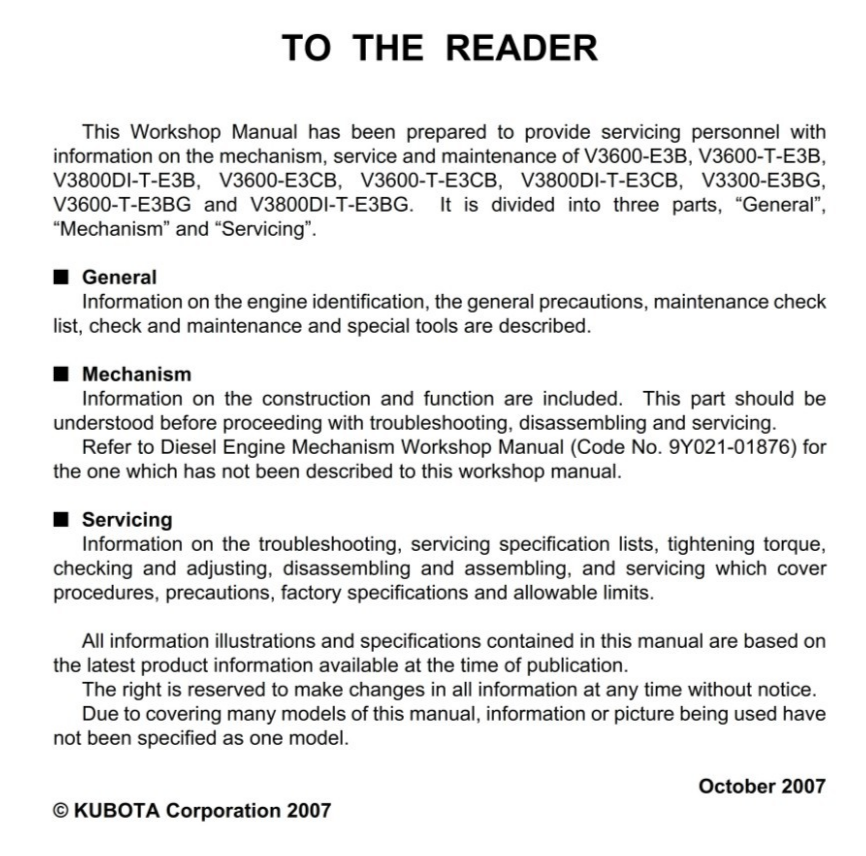 KUBOTA ENGINE - V3600 V3800 V3300 E3B E3CB E3BG - SERVICE WORKSHOP REPAIR MANUAL