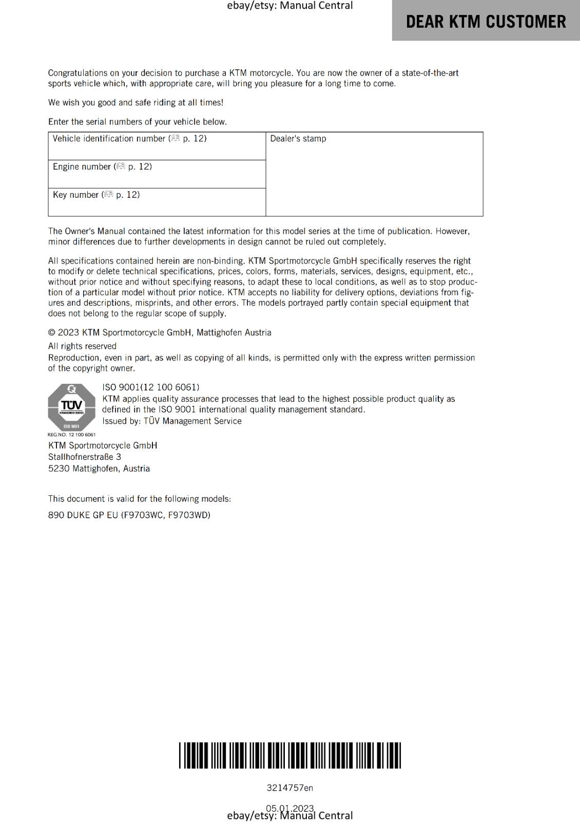 2023 OWNERS MANUAL - KTM 890 DUKE GP - REPRINT