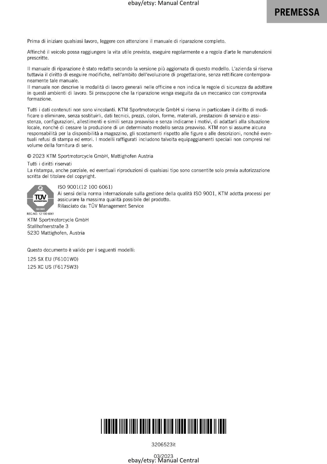 ITALIAN LANGUAGE - KTM 2023 - 125 SX XC  - MANUALE DI RIPARAZIONE