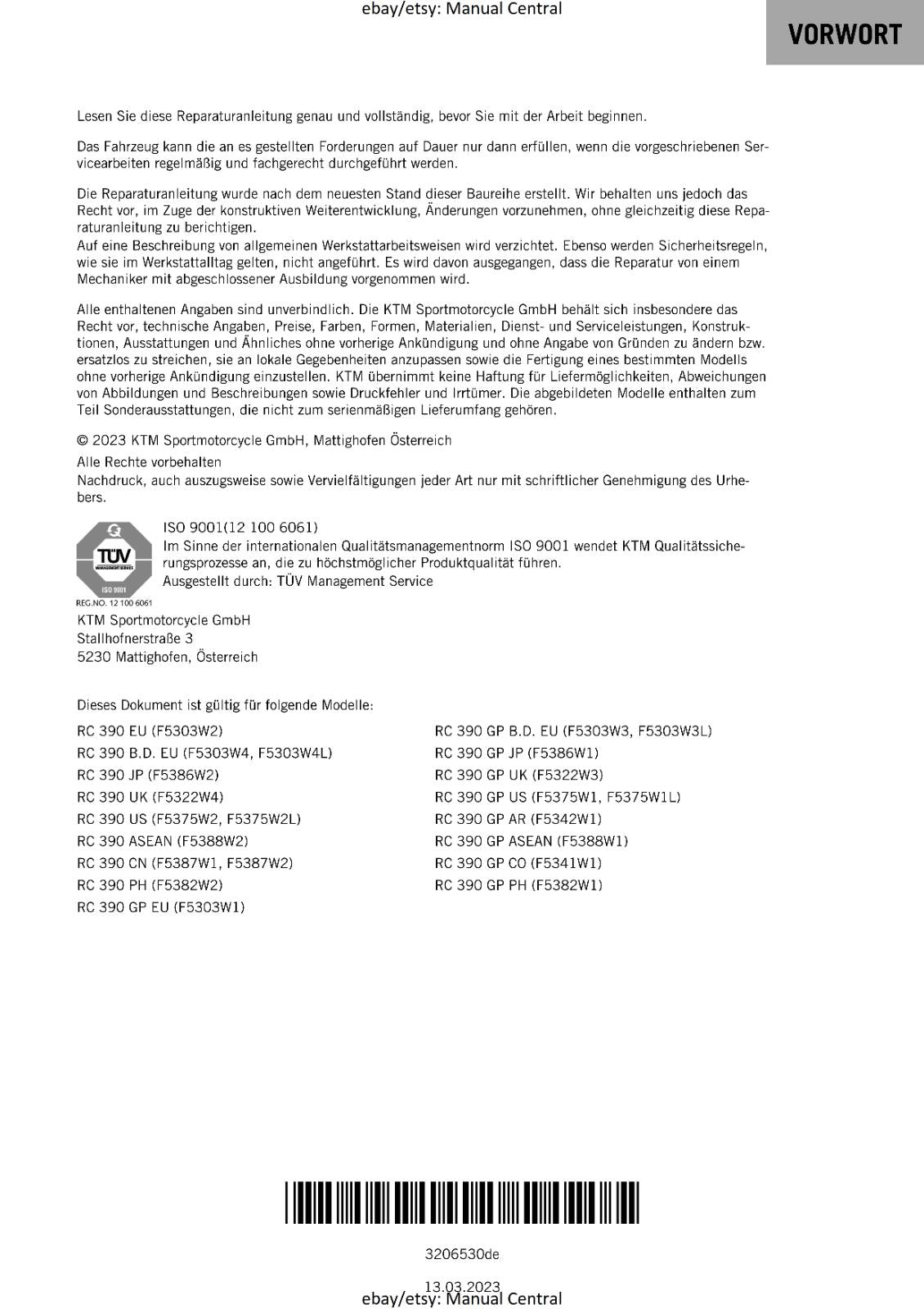 GERMAN LANGUAGE - KTM 2023- RC 390 GP - REPARATURANLEITUNG