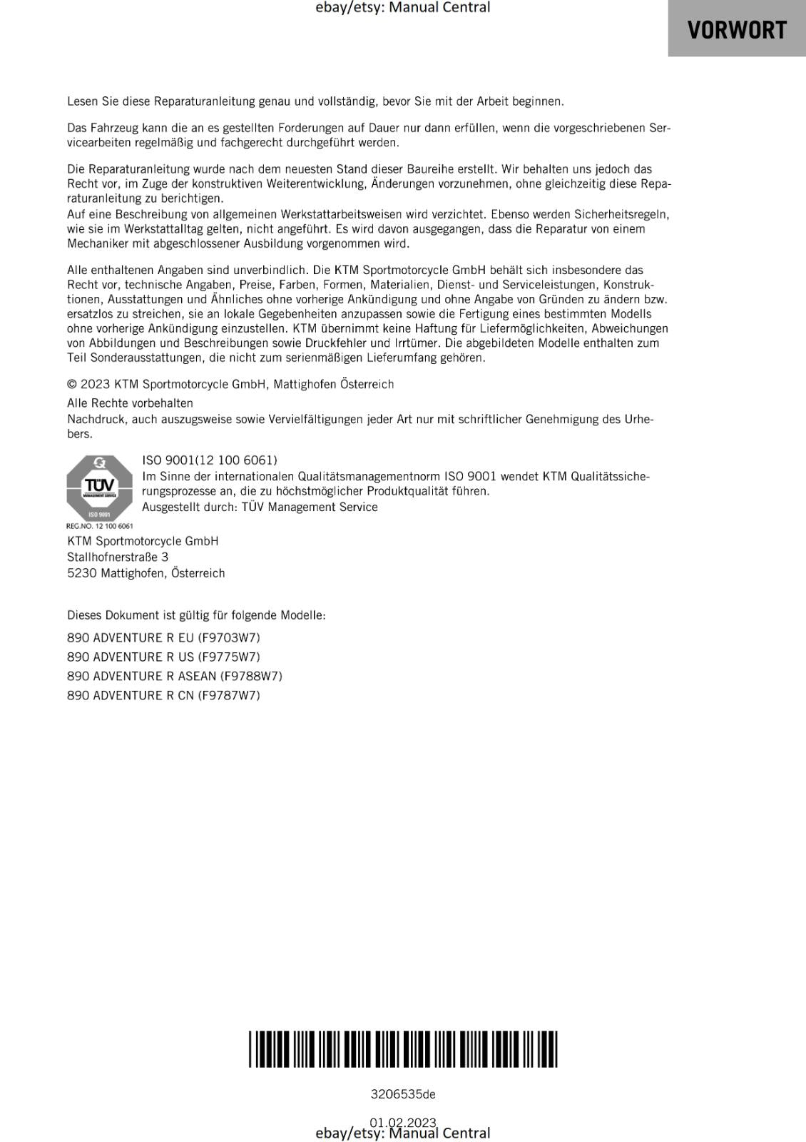 GERMAN LANGUAGE - KTM 2023- 890 ADVENTURE R - REPARATURANLEITUNG